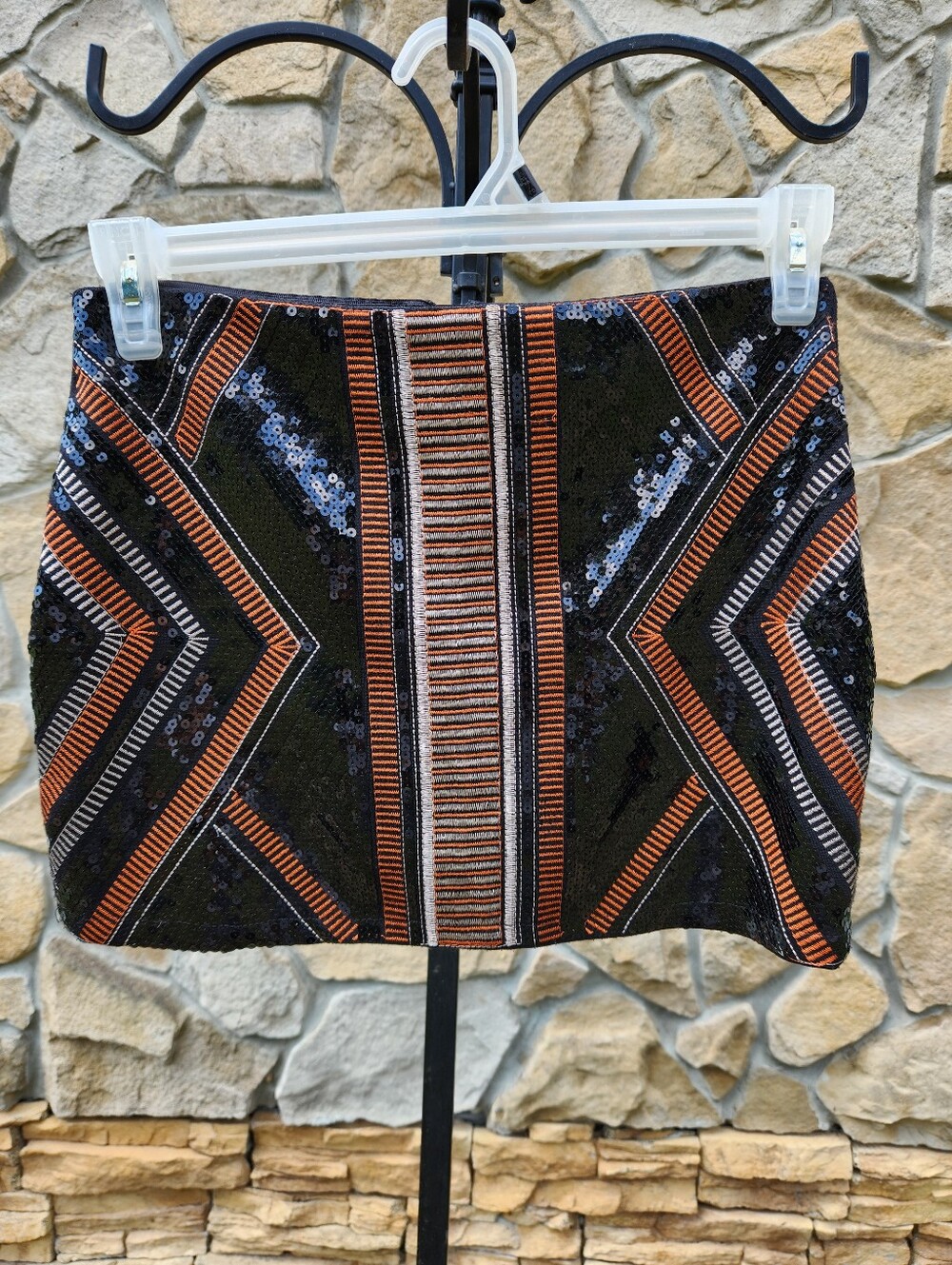 Michele Black Sequin Mini Skirt with Orange & Cream Stripes